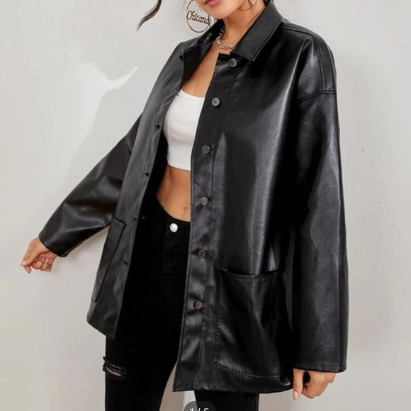 Oversized lightweight black pleather coat - Picture 1 of 4
